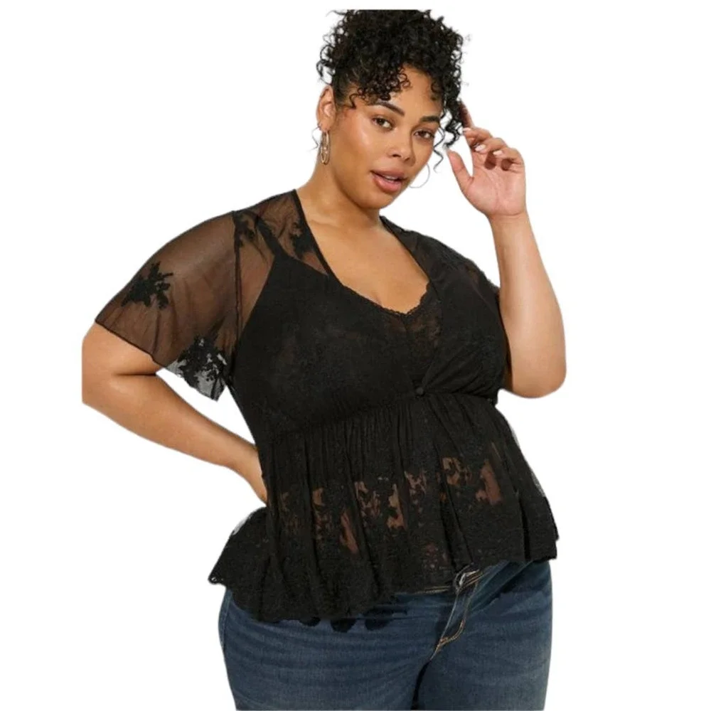 Torrid NWT Embroidered Mesh Peplum Kimono Black Size 6X Short Sleeve Cardigan